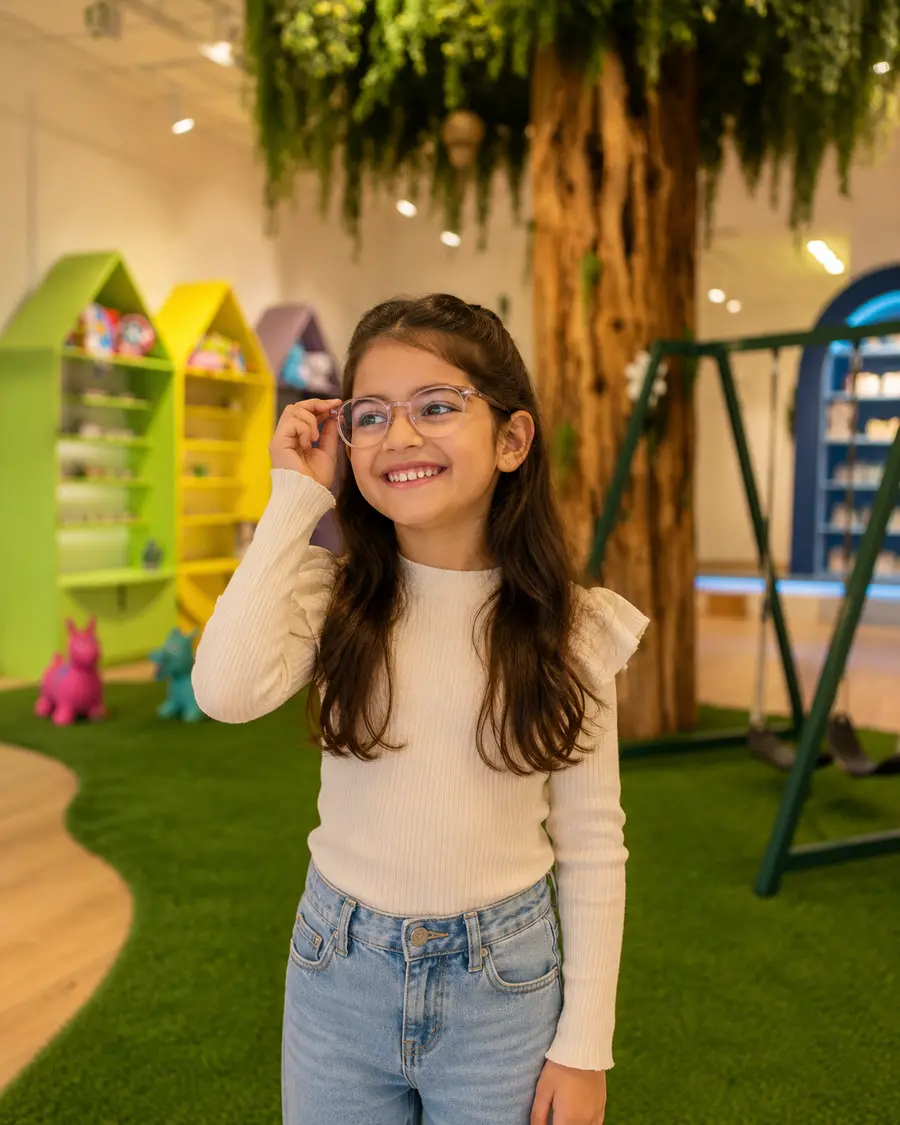 Une fille essaie une monture devant l'arbre et la balançoire de l'espace enfant.